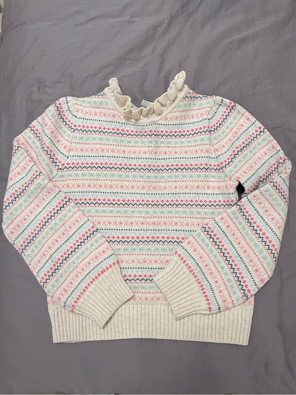 Jani and Jack - Ruffled Crewneck Fair Isle Sweater in Cream with Pink & Blue
